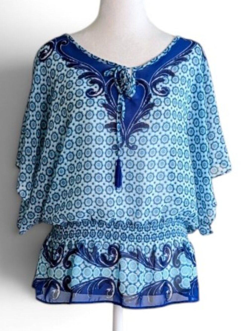 ELLE Women's Angel Sleeve Semi Sheer Top Blouse  Size M Blue Print